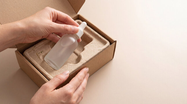 Hands removing an unbranded skincare dropper bottle from an open kraft cardboard box with molded pulp insert. Sustainable cosmetic packaging and eco-friendly unboxing concept with generous copy space.