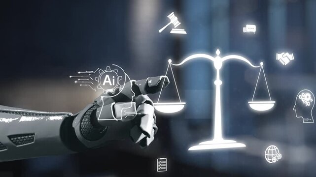 A robotic hand reaches out to interact with scales of justice and AI symbols, illustrating the intersection of technology and law in a modern digital landscape. Salient