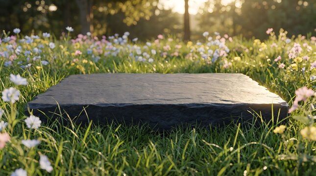 Natural stone slab podium in blooming wildflower green grass meadow with morning sunlight for organic cosmetic display