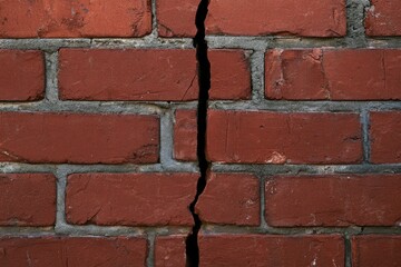 Obraz premium A close-up of a red brick wall showing a prominent vertical crack running through the mortar and bricks.