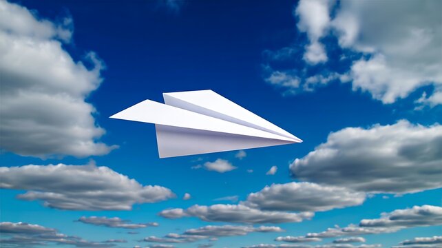 Paper airplane flying through a bright blue sky with white clouds symbolizing travel and freedom