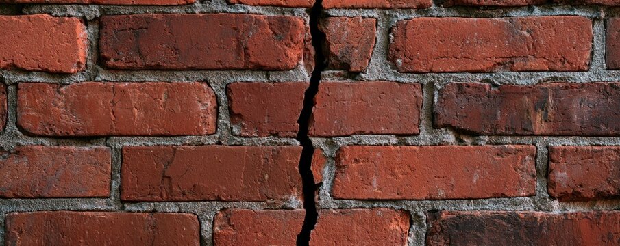 A close-up of a red brick wall with a prominent vertical crack running through the center.