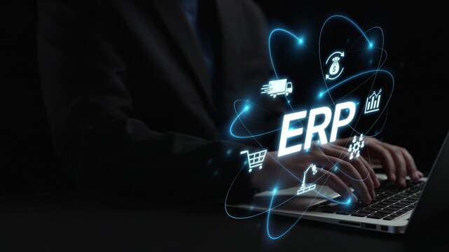 ERP platform visual showing centralized system for enterprise resource planning, improving integration, data flow, business efficiency, finance, inventory, and human resources. Muxer