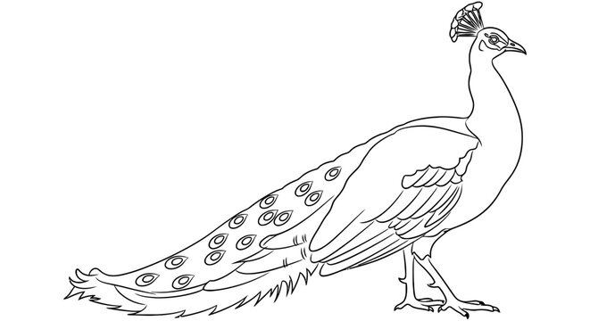Line drawing depicts a peacock with detailed plumage and elegant form