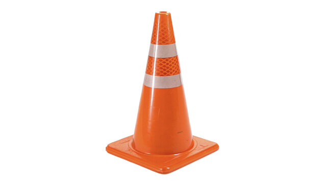 Orange and white striped plastic traffic cone isolated on transparent background