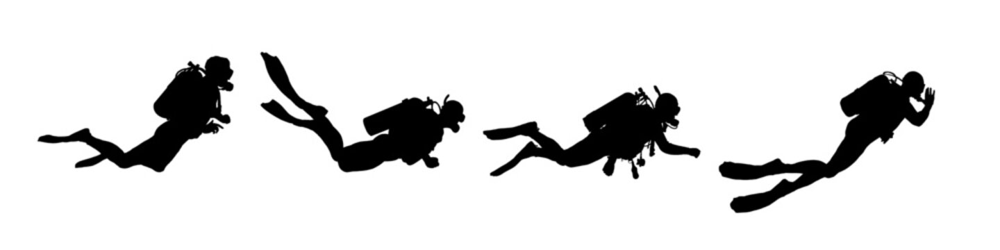 Scuba diver silhouettes set, vector illustration