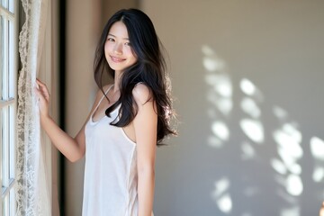 Fototapeta premium 朝日差し込む窓辺で笑顔を見せる日本人女性