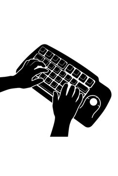 Hands typing on a computer keyboard with trackball