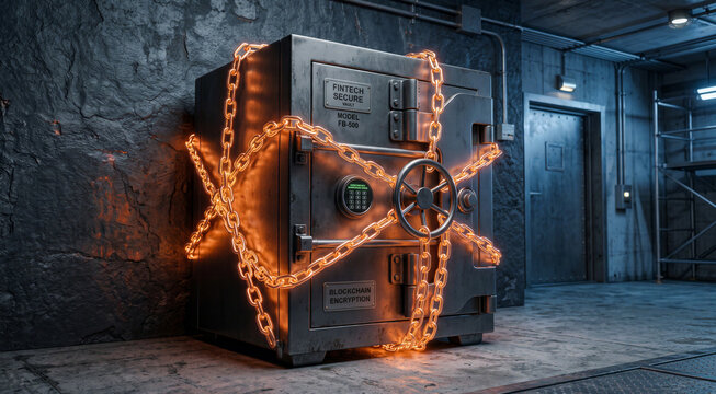 Heavy steel vault secured with glowing orange chains in a dark industrial basement, digital security concept. Cyber security, blockchain technology, data protection.