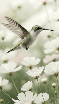 Hummingbird hovering near green flowers in flight