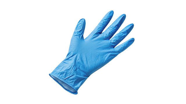 Single blue rubber medical nitrile protective glove isolated on transparent background
