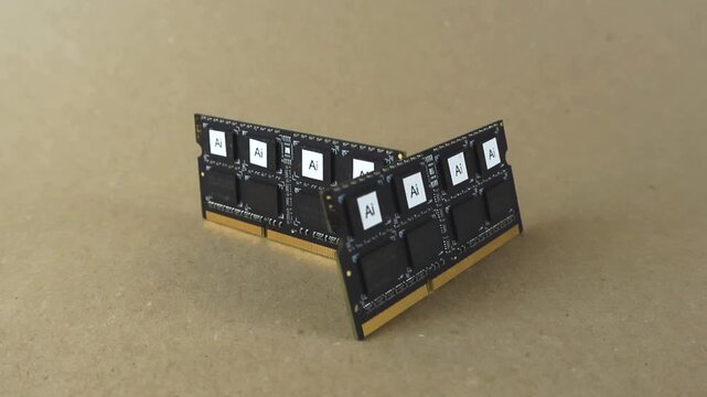 Growing structure of RAM modules with AI letters on the microchips, symbolizing the expansion of artificial intelligence, machine learning, and big data processing in modern computing technology
