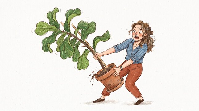 hocked young woman catching falling potted houseplant fiddle leaf fig, clumsy home gardening accident illustration