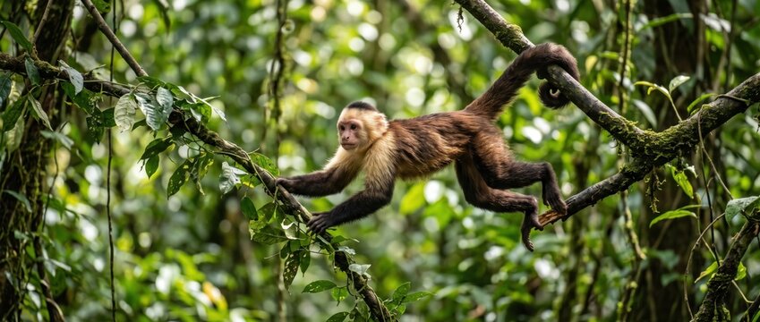A white-headed capuchin monkey with brown fur balancing on a thin tree branch in a dense, green tropical rainforest, captured in its natural habitat with lush foliage surrounding it