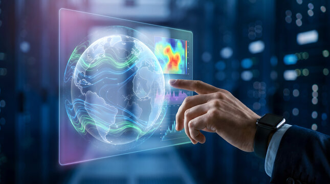 Hand touching a digital holographic globe interface with weather patterns, thermal maps, and data charts in a dark server room environment