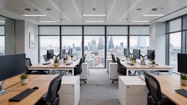 Modern open-plan office with computer workstations and city skyline views, showing a bright corporate workspace arranged for productive business activity