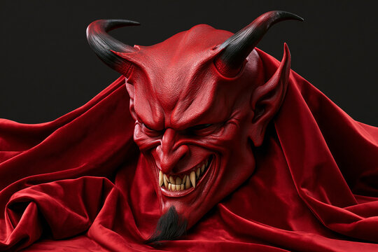 Red devil demon mask with black horns and red velvet drapery