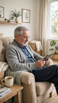 Senior man sitting in comfortable armchair reading digital e book on tablet screen in warm sunlit room