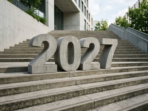 Large stone numbers 2027 sitting on concrete stairs outside a building