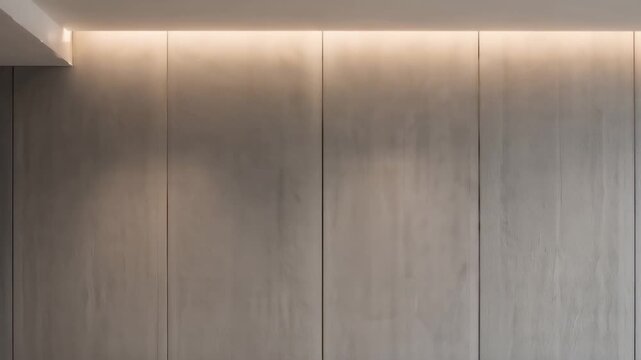 Modern interior wall with vertical panels and concealed lighting. Minimalist architectural design showing a warm illuminated feature wall.