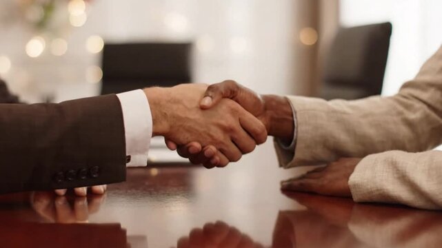 Professional handshake executed over a polished wooden conference table illuminated by warm afternoon light.