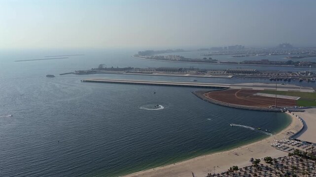 Panoramic view of Palm Jumeirah from Dubai Marina.