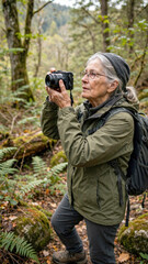 Fototapeta premium Senior woman holding digital camera taking picture of green mountain scenery during nature hiking walk