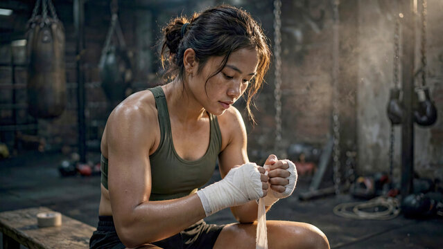 Southeast Asian female athlete wrapping knuckles before boxing practice