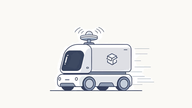 Futuristic autonomous delivery robot with spinning sensor, carrying package illustration in minimalist white
