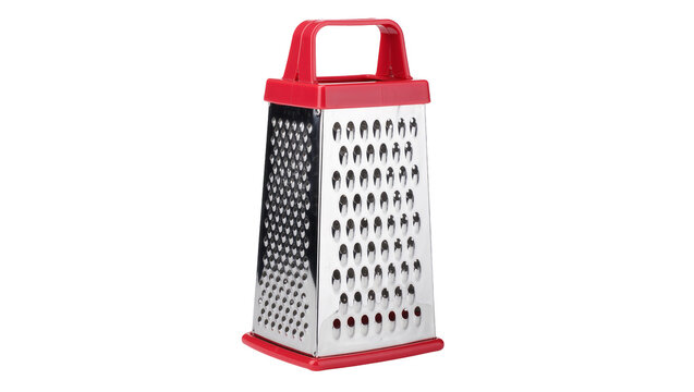 Shiny metal box grater with red plastic handle and base, isolated on transparent background
