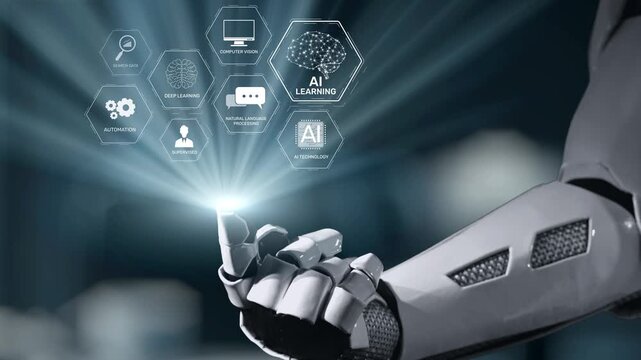 A robotic hand interacts with various digital icons symbolizing AI learning and technology solutions, emphasizing innovation and automation in a futuristic setting. Salient