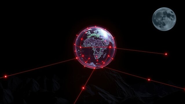 Globe illuminated with red gridlines, moon visible. Dark background suggests space, network connections radiate outward. Futuristic concept.