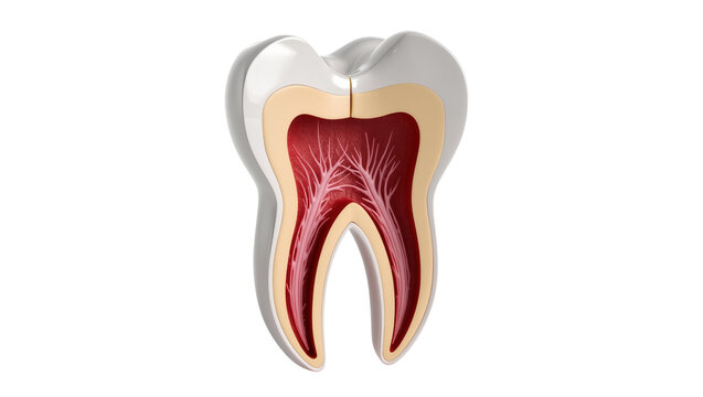 Cross-section of a human molar tooth showing enamel dentin pulp and nerves, isolated on transparent background