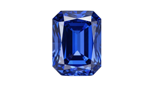 Deep blue emerald cut sapphire gemstone faceted and brilliant, isolated on transparent background