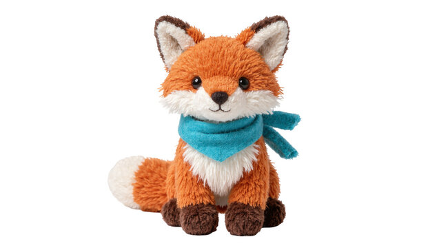 Fluffy orange plush fox with blue scarf sitting, isolated on transparent background