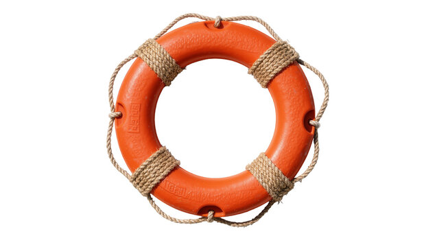 Orange life preserver ring with thick rope details, isolated on transparent background