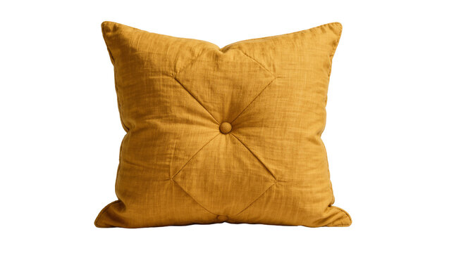 Textured mustard yellow throw pillow with tufted diamond pattern, isolated on transparent background