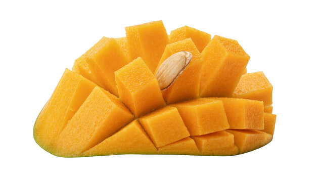 Freshly cut ripe mango with visible seed, isolated on transparent background