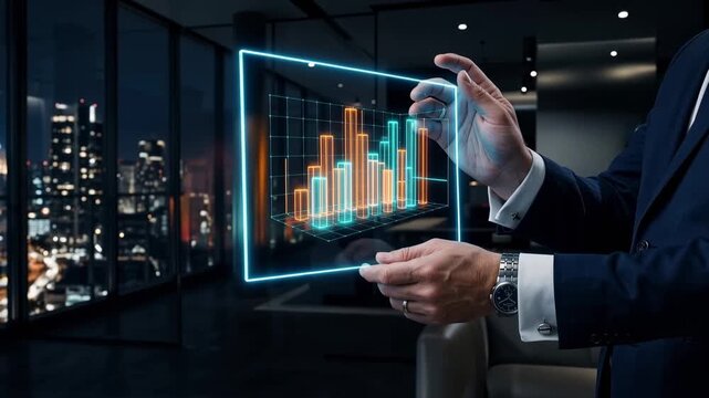 Businessman holding a holographic bar chart in a modern office, illustrating financial growth, market analysis, digital innovation, and investment strategy.