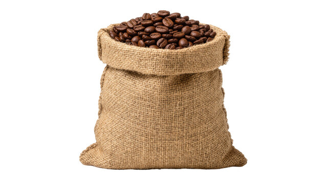 Full burlap sack overflowing with roasted coffee beans, isolated on transparent background