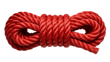 Thick red twisted rope coiled neatly, isolated on transparent background © Niamh