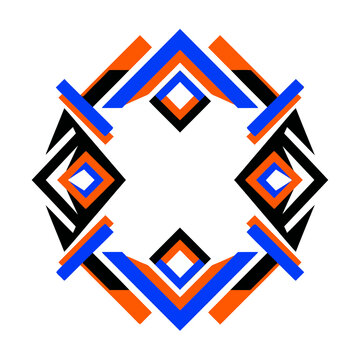 Geometric abstract pattern with blue, orange, and black shapes