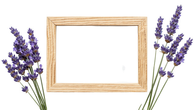 Wooden picture frame with purple lavender sprigs, isolated on transparent background