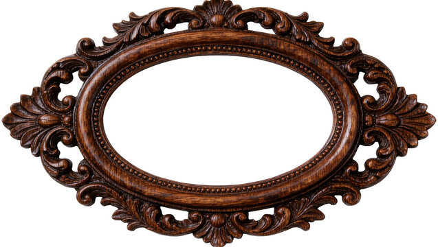 Ornate dark brown oval wooden picture frame with carved floral details, isolated on transparent background
