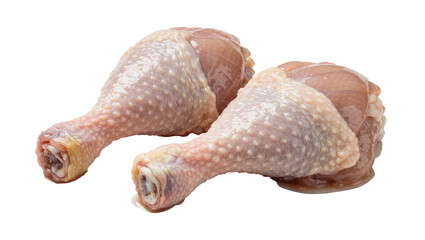 Two raw chicken drumsticks with skin and bone, isolated on transparent background © Niamh
