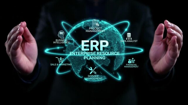 ERP platform visual showing centralized system for enterprise resource planning, improving integration, data flow, business efficiency, finance, inventory, and human resources. Elide