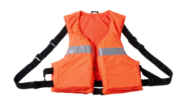 Bright orange safety vest with reflective stripes, isolated on transparent background