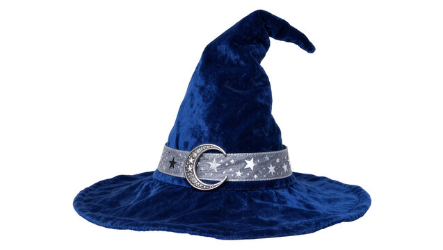 Deep blue velvet witch hat with silver moon and star band, isolated on transparent background
