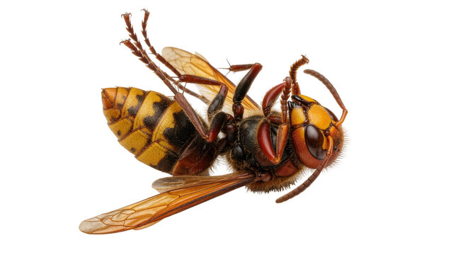 Detailed European hornet insect with yellow and brown stripes, isolated on transparent background