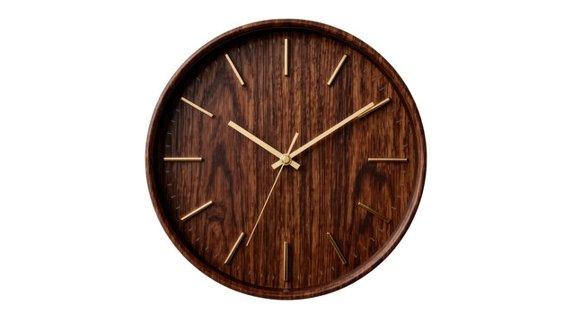 Dark wood round wall clock with golden hour markers, isolated on transparent background